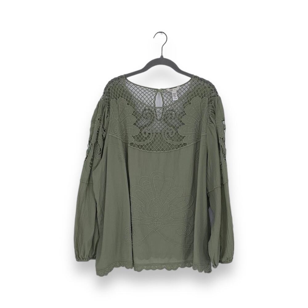 Cato Green Embroidered Crochet Bohemian Peasant Top Blouse Shirt